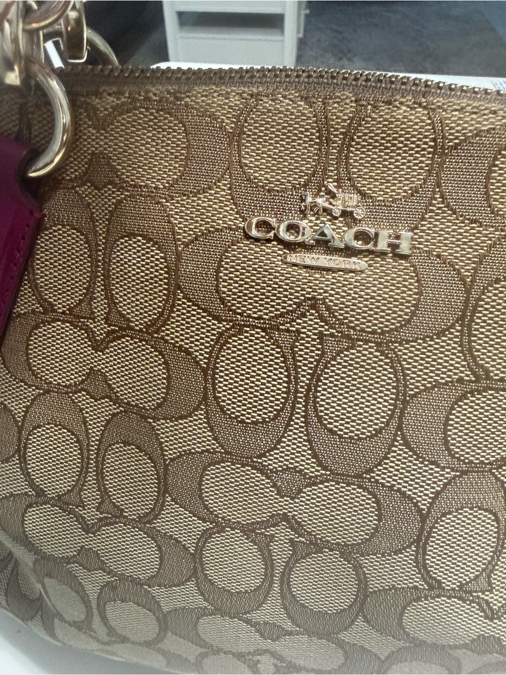 Coach Kelsey Signature C Canvas Khaki & Fuchsia Leather Trim Crossbody Bag - Picture 8 of 11